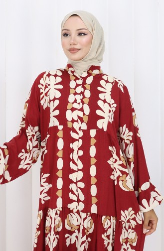 Viskose Stoff Halb Geknöpftes Kleid 2156-04 Weinrot 2156-04