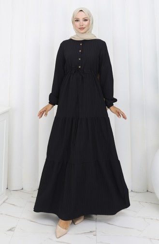 Kleid Mit Elastischen Ärmeln Und Gebundener Taille 2158-02 Schwarz 2158-02