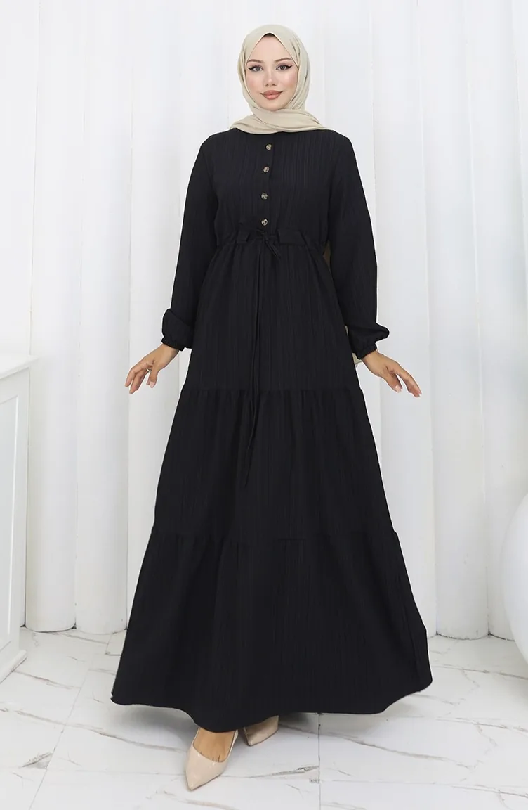 Robe à Manches élastiquées Et Taille Nouée 2158-02 Noir 2158-02