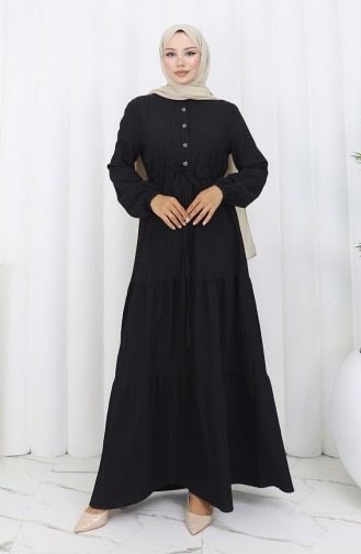 Kleid Mit Elastischen Ärmeln Und Gebundener Taille 2158-02 Schwarz 2158-02