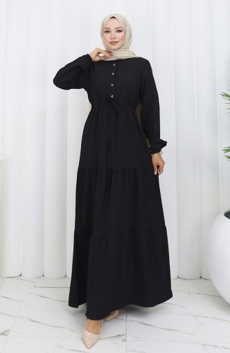 Kleid Mit Elastischen Ärmeln Und Gebundener Taille 2158-02 Schwarz 2158-02