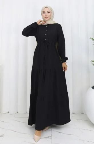 Robe à Manches élastiquées Et Taille Nouée 2158-02 Noir 2158-02