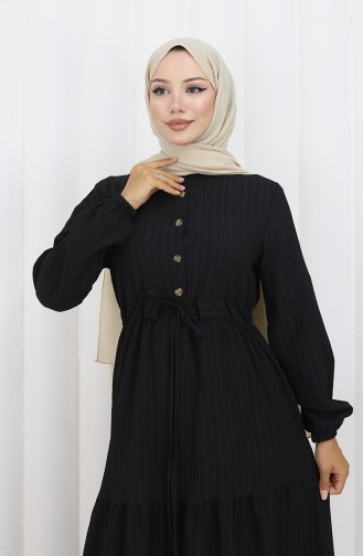 Kleid Mit Elastischen Ärmeln Und Gebundener Taille 2158-02 Schwarz 2158-02