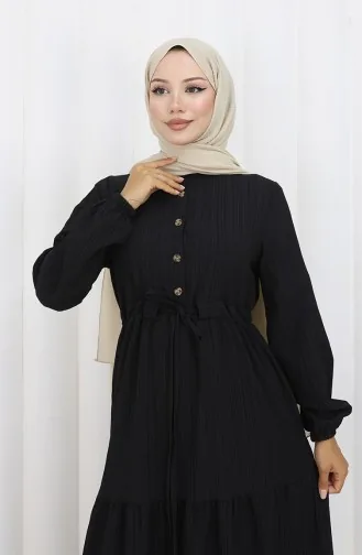 Robe à Manches élastiquées Et Taille Nouée 2158-02 Noir 2158-02