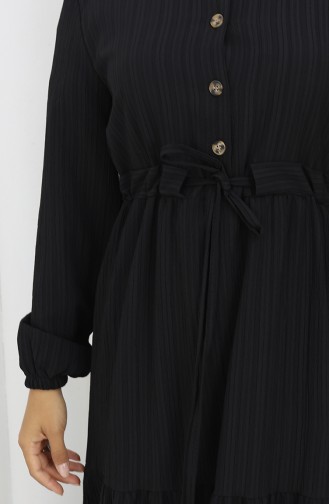 Kleid Mit Elastischen Ärmeln Und Gebundener Taille 2158-02 Schwarz 2158-02
