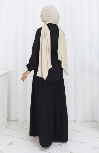 Kleid Mit Elastischen Ärmeln Und Gebundener Taille 2158-02 Schwarz 2158-02