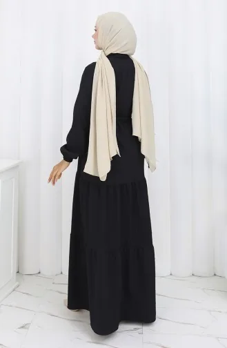 Robe à Manches élastiquées Et Taille Nouée 2158-02 Noir 2158-02