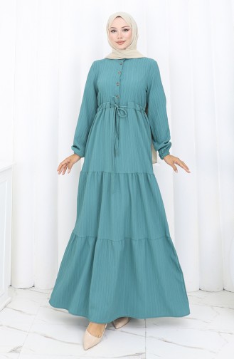 Kleid Mit Elastischen Ärmeln Und Gebundener Taille 2158-04 Petrol 2158-04