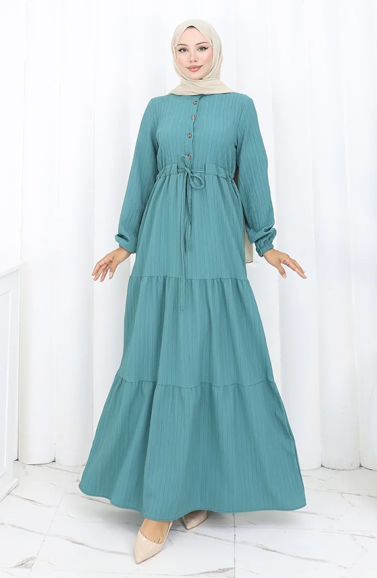 Robe à Manches élastiquées Et Taille Nouée 2158-04 Pétrole 2158-04