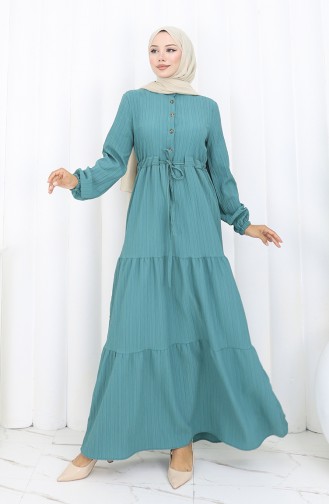 Kleid Mit Elastischen Ärmeln Und Gebundener Taille 2158-04 Petrol 2158-04