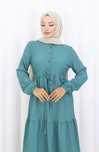 Kleid Mit Elastischen Ärmeln Und Gebundener Taille 2158-04 Petrol 2158-04