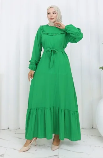 Fırfırlı Kuşaklı Elbise 2159-02 Zümrüt Yeşili
