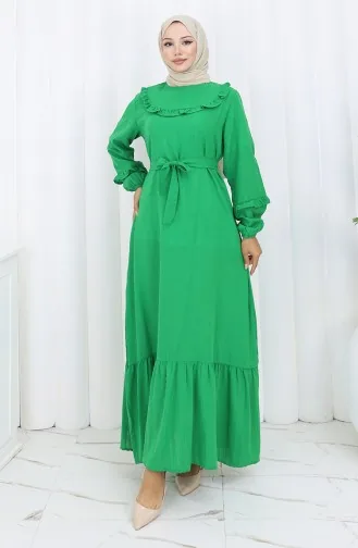 Fırfırlı Kuşaklı Elbise 2159-02 Zümrüt Yeşili