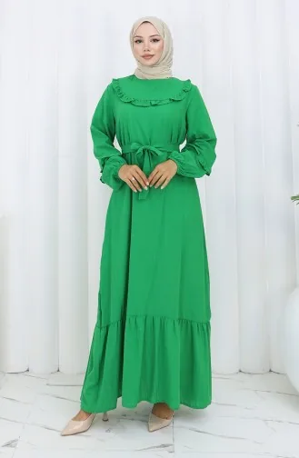 Fırfırlı Kuşaklı Elbise 2159-02 Zümrüt Yeşili