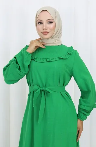 Fırfırlı Kuşaklı Elbise 2159-02 Zümrüt Yeşili