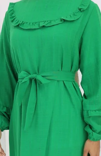 Fırfırlı Kuşaklı Elbise 2159-02 Zümrüt Yeşili