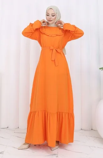 Fırfırlı Kuşaklı Elbise 2159-04 Oranj