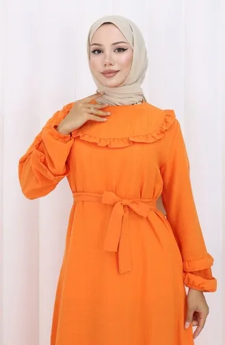 Fırfırlı Kuşaklı Elbise 2159-04 Oranj