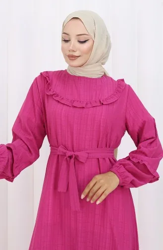 Jurk Met Ruches En Riem 2159-05 Fuchsia 2159-05