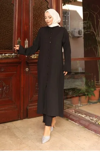 Yaka Detaylı Uzun Takım Siyah