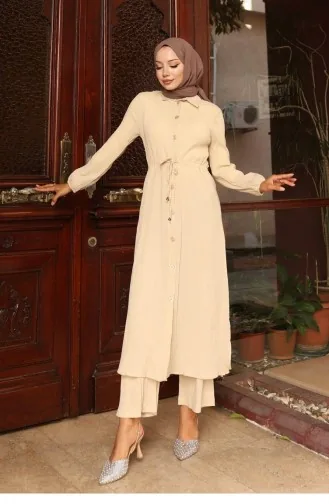 Yırtmaç Detaylı Uzun Takım Bej
