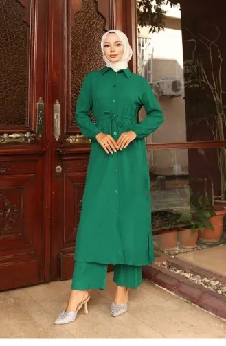 Yırtmaç Detaylı Uzun Takım Yeşil