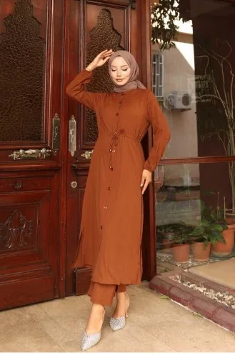 Yırtmaç Detaylı Uzun Takım Kahverengi