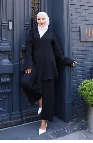 Tie Detailed Kimono Suit Black 762