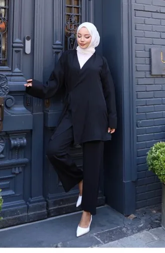 Tie Detailed Kimono Suit Black 762