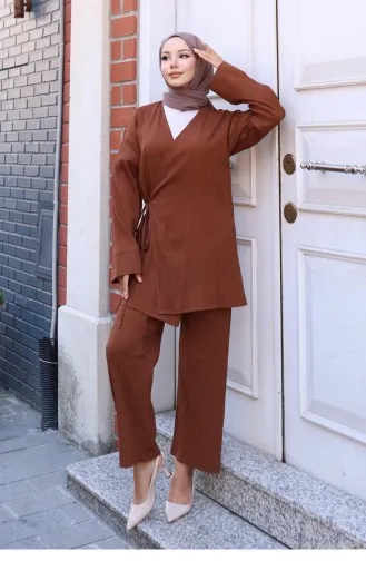 Bağlama Detaylı Kimono Takım Kahverengi