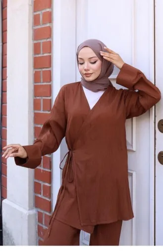 Bağlama Detaylı Kimono Takım Kahverengi