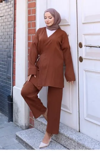 Bağlama Detaylı Kimono Takım Kahverengi