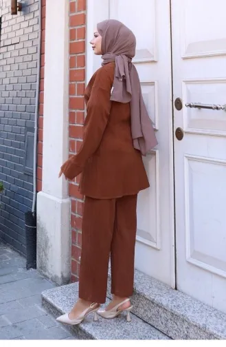 Bağlama Detaylı Kimono Takım Kahverengi