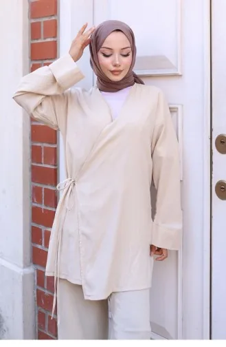 Bağlama Detaylı Kimono Takım Bej