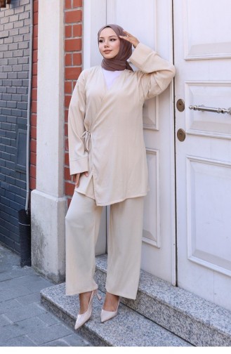 Tie Detailed Kimono Suit Beige 765