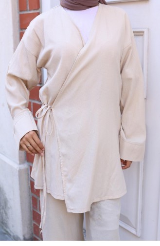 Tie Detailed Kimono Suit Beige 765