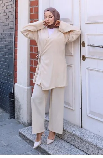 Bağlama Detaylı Kimono Takım Bej