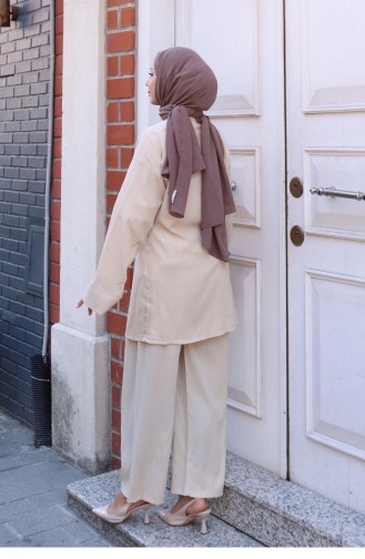 Tie Detailed Kimono Suit Beige 765