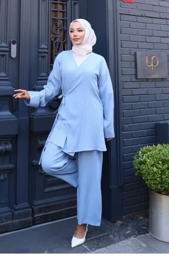 Bağlama Detaylı Kimono Takım Bebe Mavisi