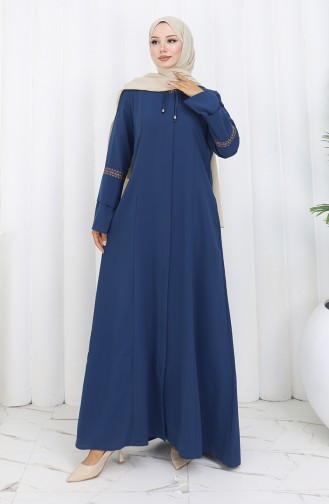 Übergröße Bestickte Abaya Mit Verstecktem Reißverschluss 6193-07 Indigo 6193-07