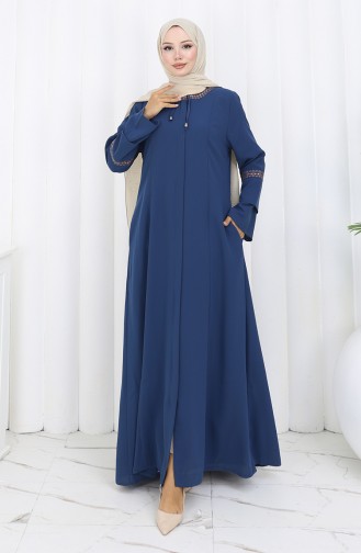 Übergröße Bestickte Abaya Mit Verstecktem Reißverschluss 6193-07 Indigo 6193-07