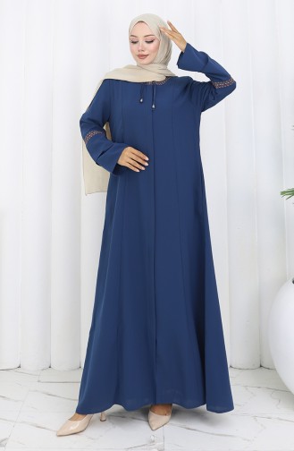 Übergröße Bestickte Abaya Mit Verstecktem Reißverschluss 6193-07 Indigo 6193-07