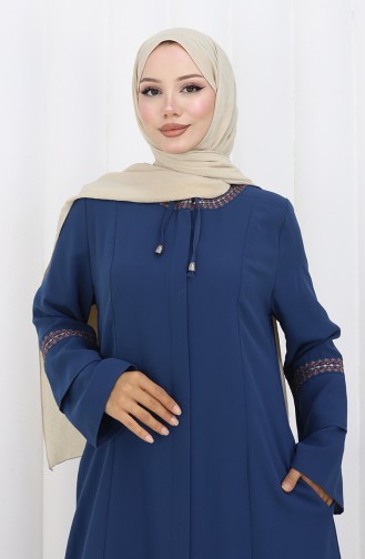 Übergröße Bestickte Abaya Mit Verstecktem Reißverschluss 6193-07 Indigo 6193-07