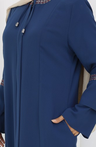 Übergröße Bestickte Abaya Mit Verstecktem Reißverschluss 6193-07 Indigo 6193-07