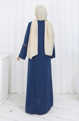 Übergröße Bestickte Abaya Mit Verstecktem Reißverschluss 6193-07 Indigo 6193-07