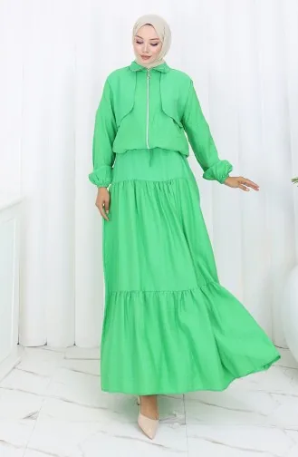 بدلة من قطعتين بأكمام مرنة وسحاب 0129-19 باللون الأخضر 0129-19