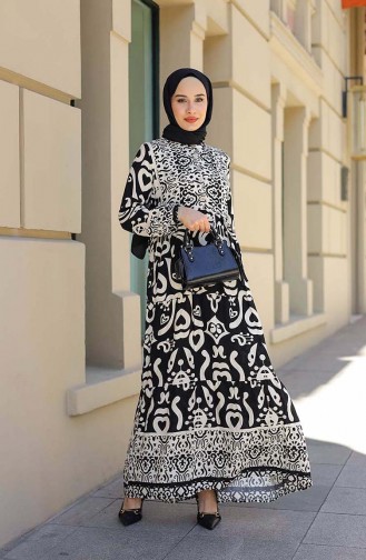 Desenli Yarım Patlı Elbise 4101-04 Siyah