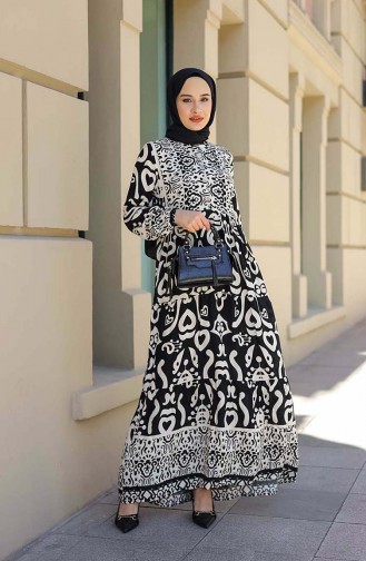 Desenli Yarım Patlı Elbise 4101-04 Siyah