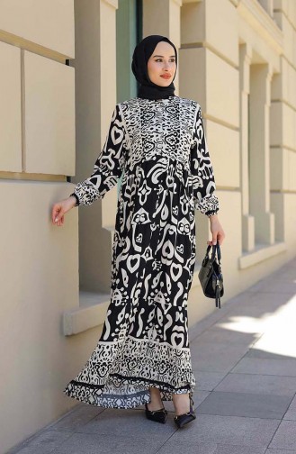 Desenli Yarım Patlı Elbise 4101-04 Siyah