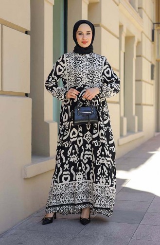 Desenli Yarım Patlı Elbise 4101-04 Siyah